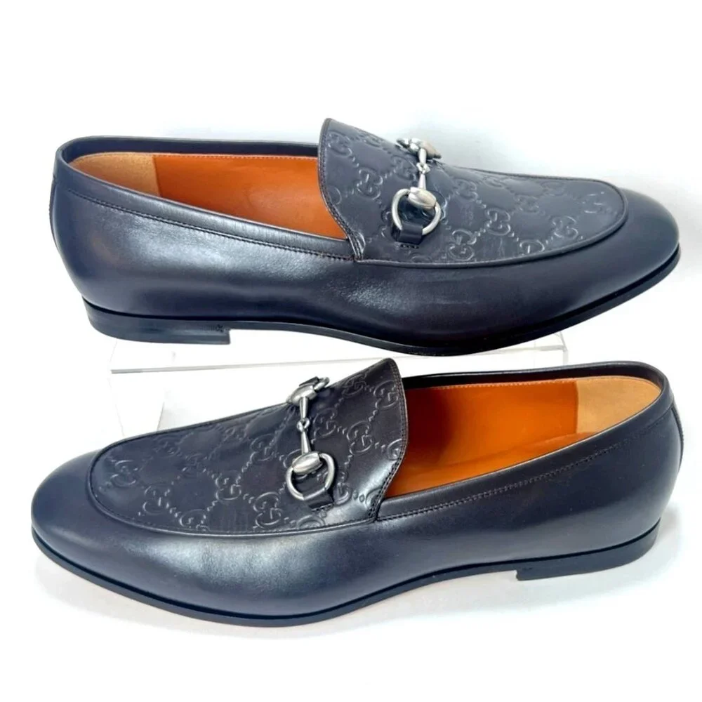 Gucci GG Debossed Leather Men Loafers Horsebit Cocoa Brown Dress Shoes Size IT9